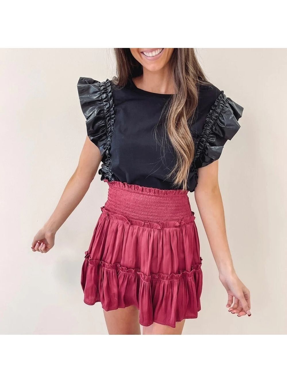 Why Dress Ruffle Sleeve Top Women's Small Faux Leather